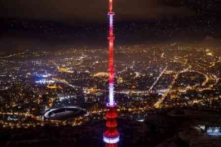 Decorative lighting being installed on Yerevan TV tower 